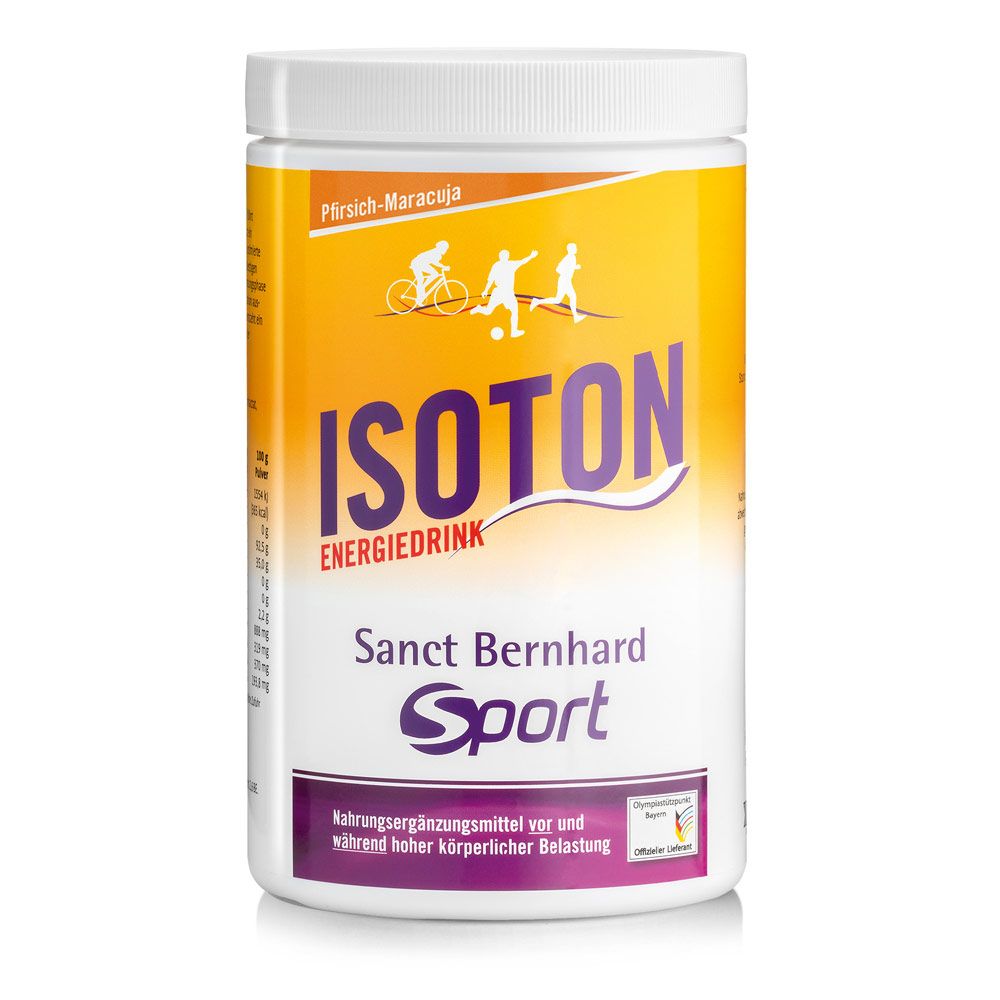 Weiße Dose mit gelbem Etikett. Aufschrift: ISOTON ENERGIE-DRINK, Sanct Bernhard Sport, Pfirsich-Maracuja. Abbildung von Sportlern.