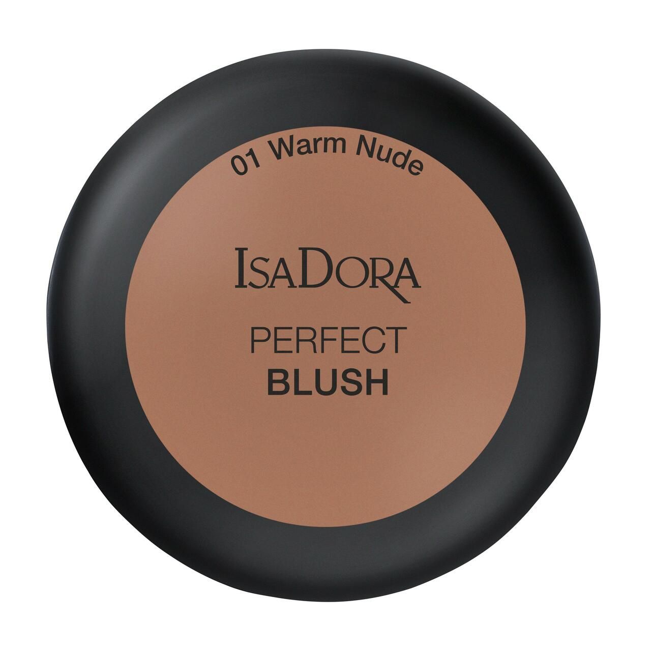 IsaDora Perfect Blush, Dose von oben. Schwarzer Behälter mit braunem Puder. Aufschrift: IsaDora, Perfect Blush, Farbton: 01 Warm Nude.