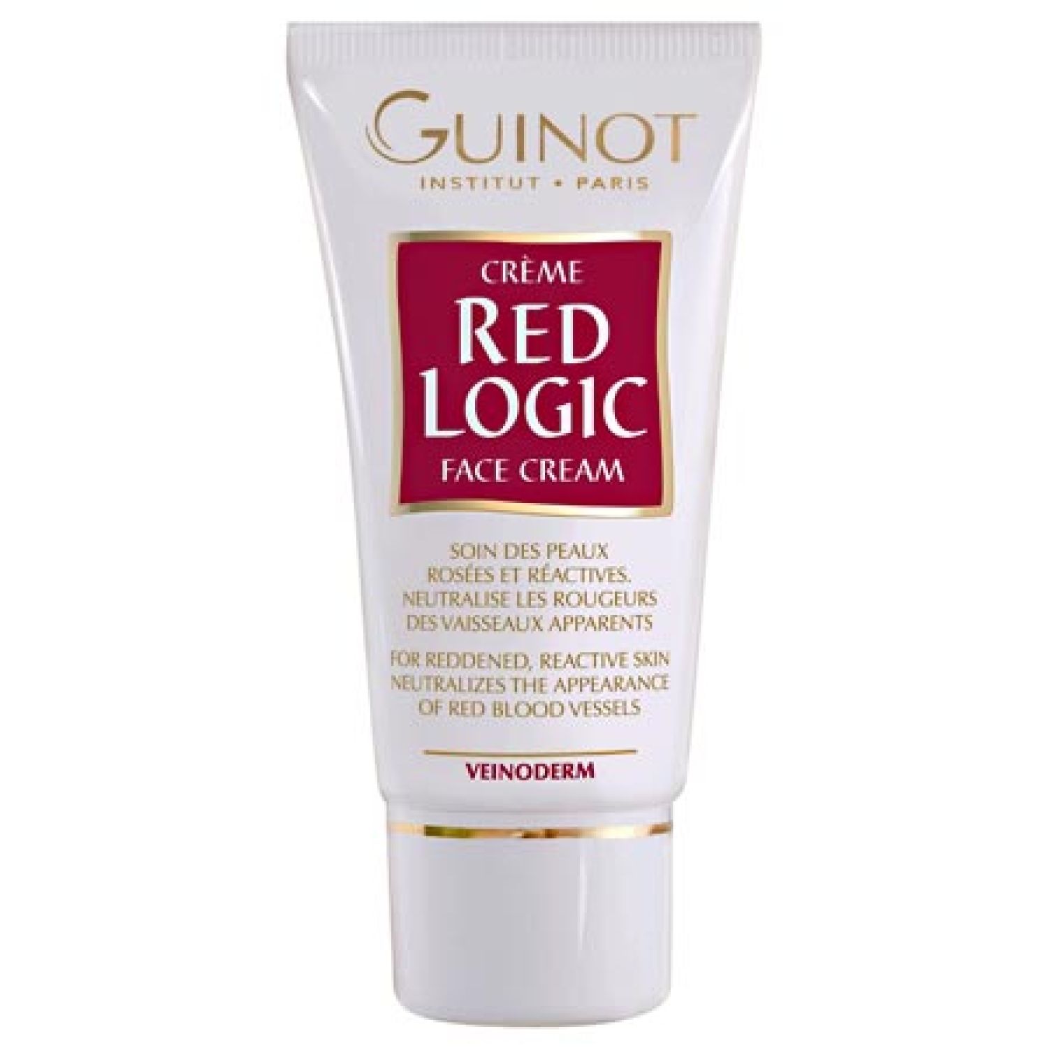 Tube Creme Red Logic. Text: Creme Correctrice, Anti-Rougeurs, Peaux Rosées et Réactives. Marke: Guinot. Größe: 30 ml.