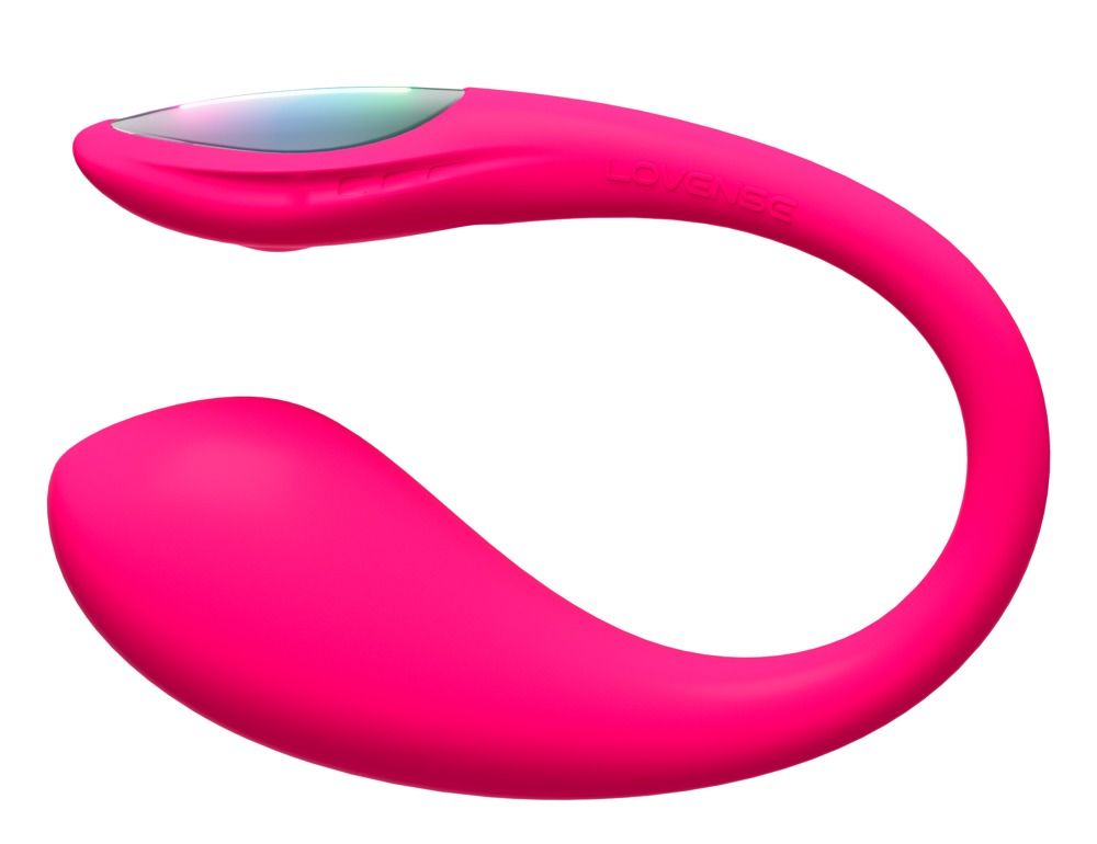 Rosa Vibrator mit farbigem Licht am oberen Ende. Geschwungene Form. Produktansicht von oben.