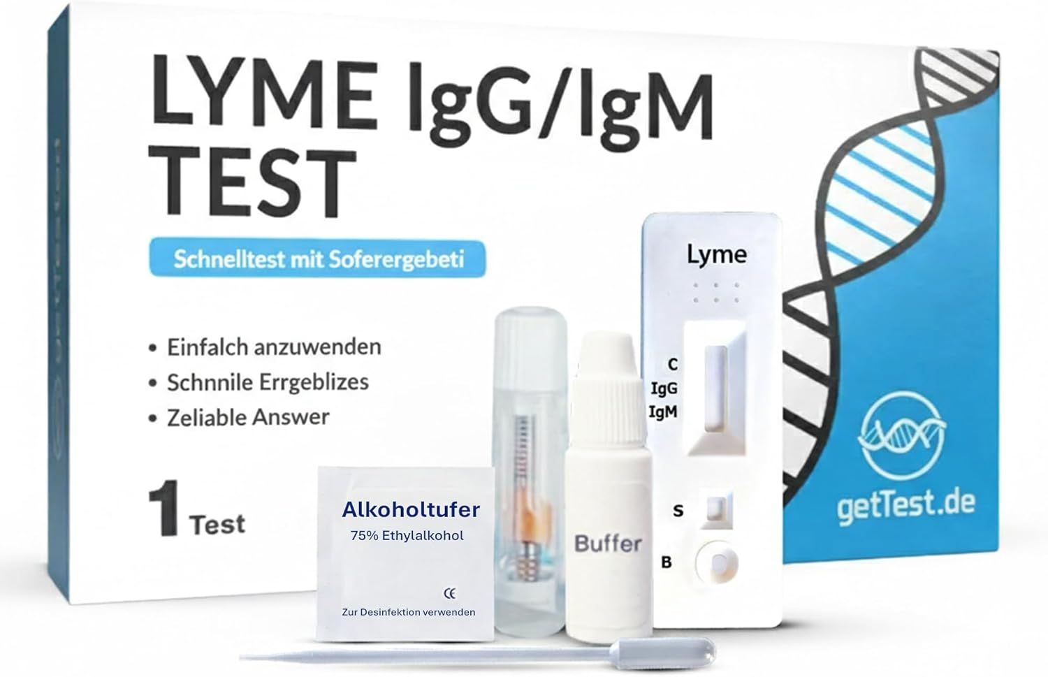 GetTested Borreliose-Test-Kit mit Testkassette, Alkoholpad, Pufferlösung, Lanzette und Pipette. Text: 'LYME IgG/IgM TEST'.