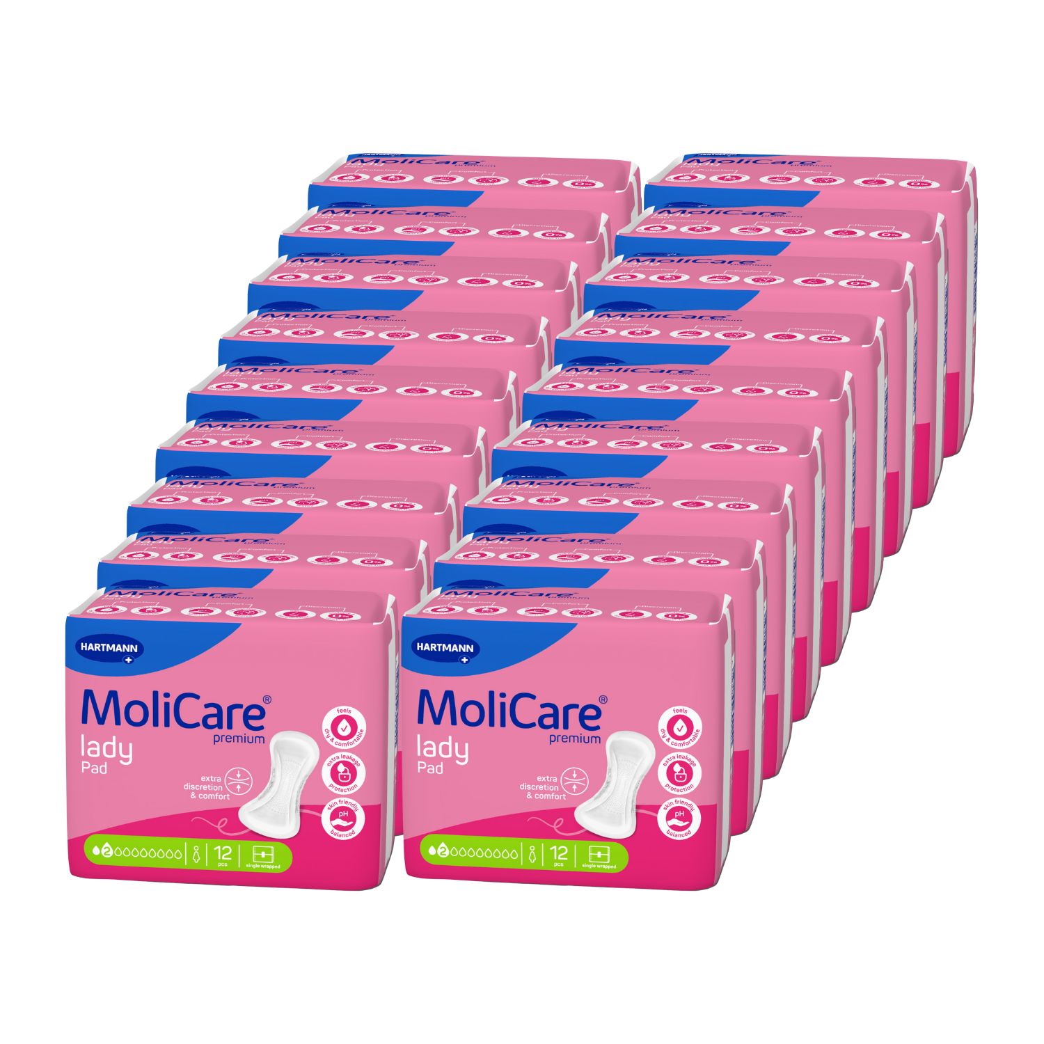 Mehrere Packungen MoliCare lady Pads. Rosa Verpackung mit Produktabbildung und Logo. Grün-weiße Streifen mit Symbolen.