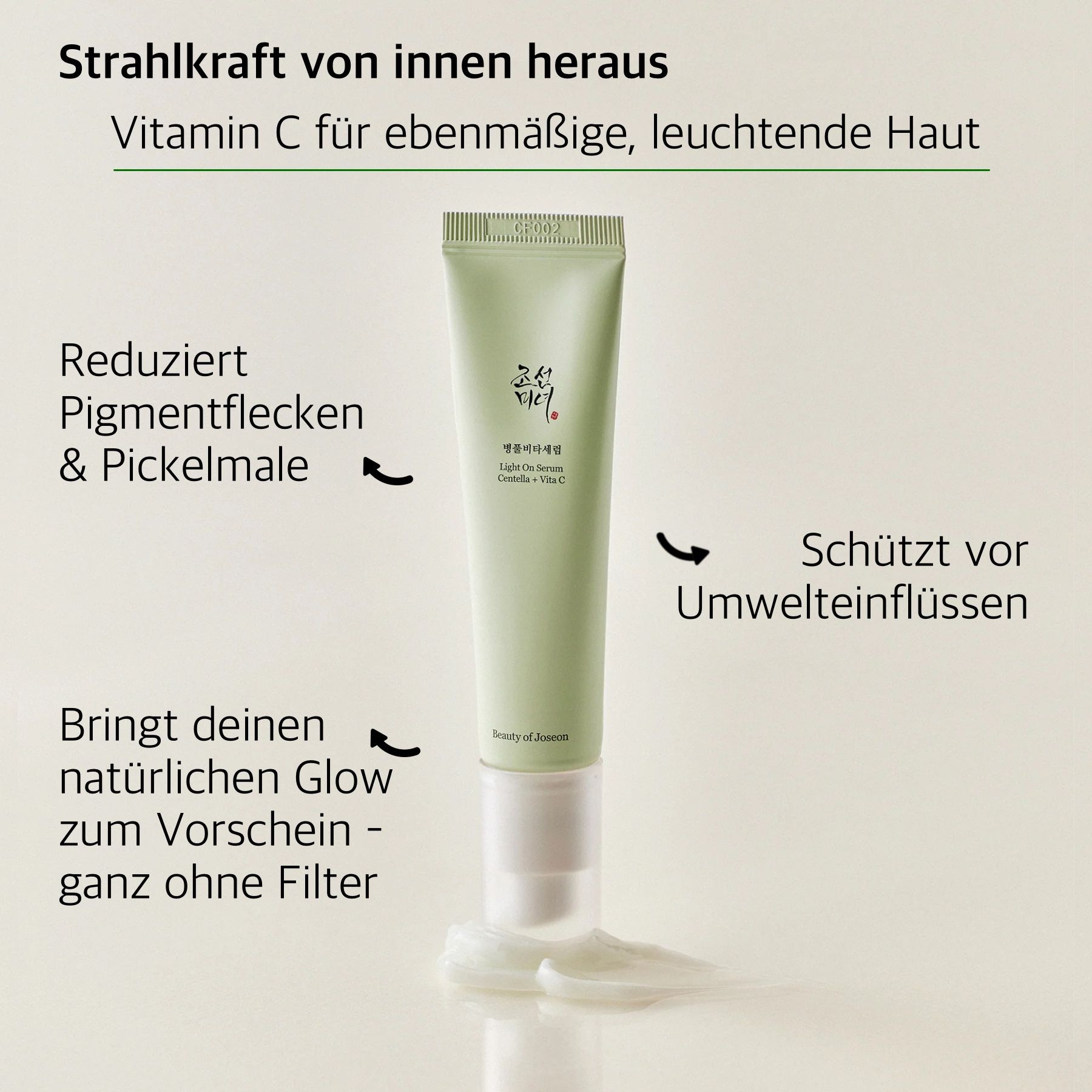 Tubo Beauty of Joseon Light On Serum. Testo: Riduce le macchie pigmentarie, protegge dagli agenti esterni, dona luminosità. Vitamina C.
