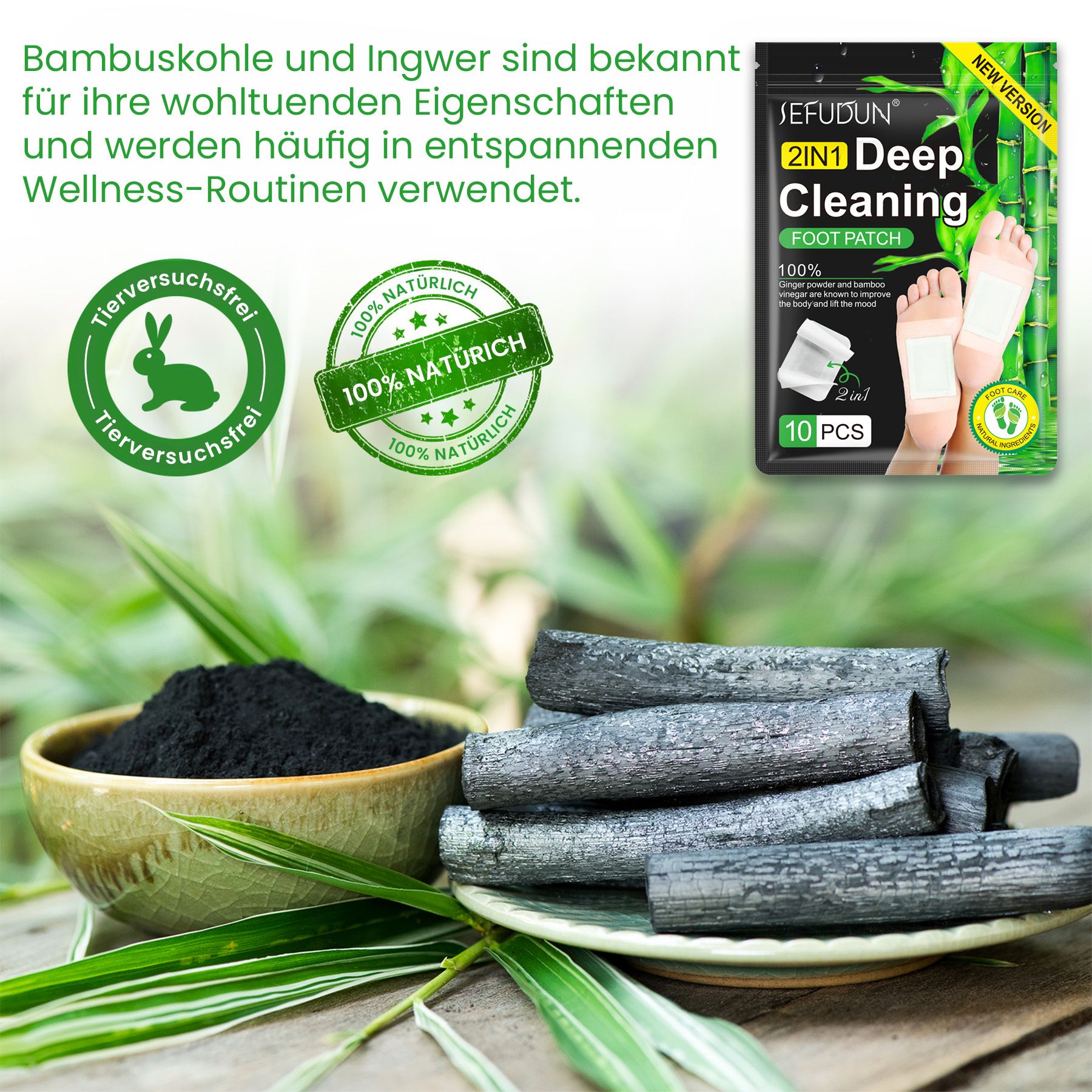 Verpackung für 10 Fußpflaster mit Bambus- und Ingwer-Aufdruck, "2IN1 Deep Cleaning FOOT PATCH".