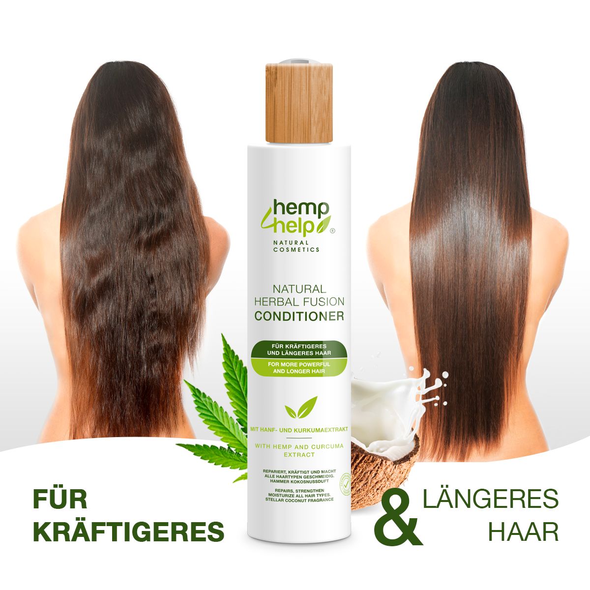 Flasche mit Conditioner, links unordentliches Haar, rechts glattes Haar. Text: Für kräftigeres & längeres Haar.