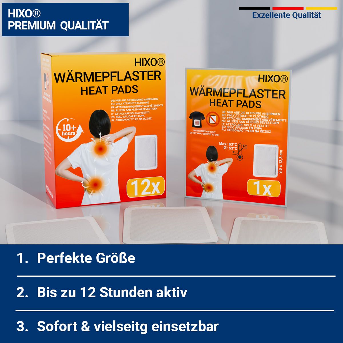 HIXO Wärmepflaster-Packungen und Wärmepflaster. Text: Premium Qualität. Perfekte Größe. Bis zu 12 Stunden aktiv. Sofort & vielseitig einsetzbar.