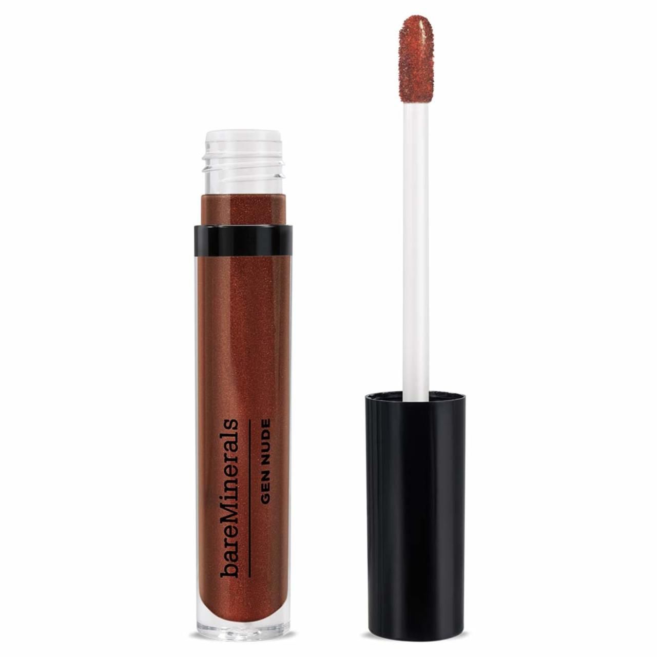 bareMinerals Gen Nude Lip Lacquer. Tube mit brauner Flüssigkeit, geöffnet, Pinsel sichtbar. Schwarzer Deckel und weißer Applikator.