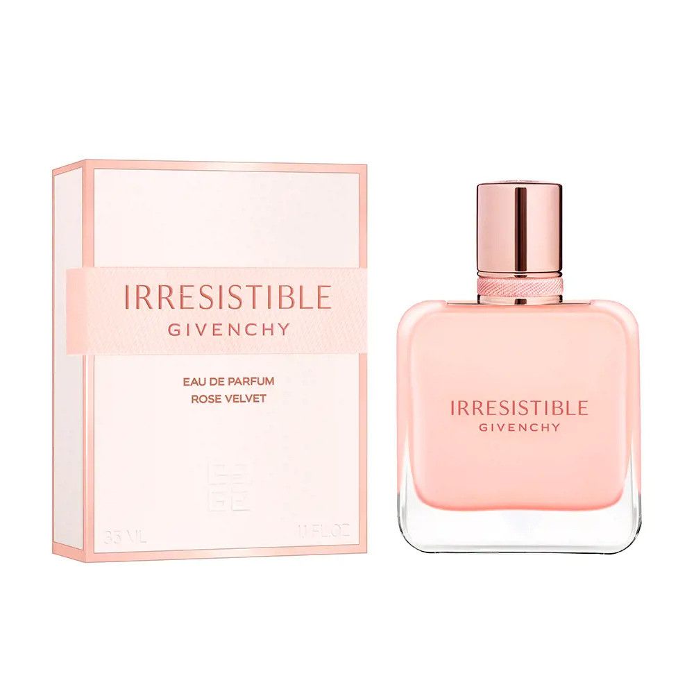 Rosa Eau de Parfum Flakon und Verpackung. Aufschrift: Irresistible Givenchy, Eau de Parfum Rose Velvet. Rechteckige Flasche mit rosafarbenem Inhalt.