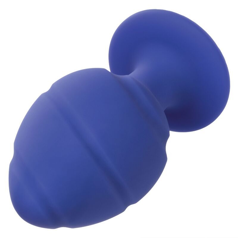 Blauer Analplug aus Silikon. Strukturierte Oberfläche mit spiralförmigen Rillen. Basis mit rundem Fuß.