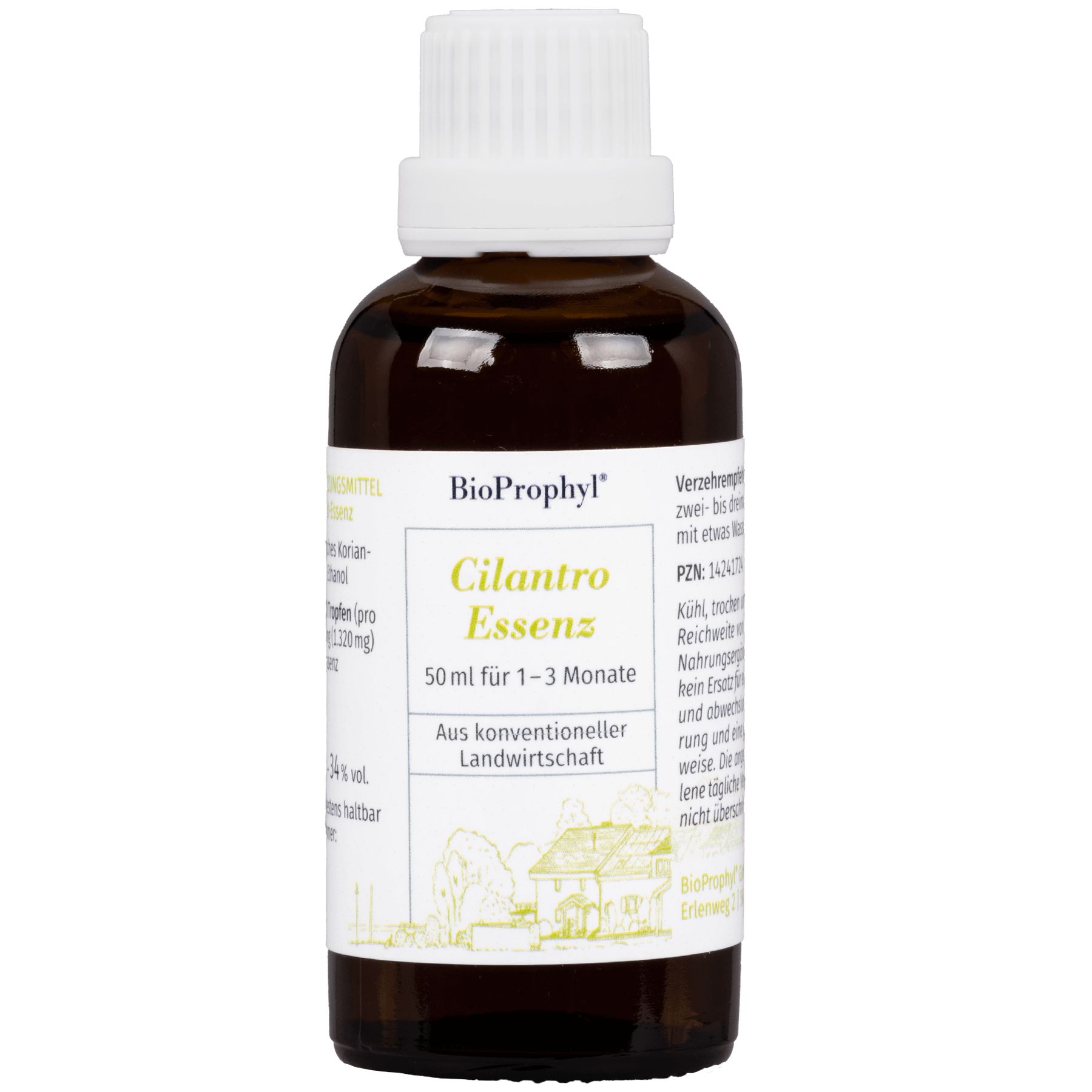 Braune Glasflasche mit weißem Verschluss. Aufschrift: BioProphyl Cilantro Essenz. Etikett mit Text und Illustration.