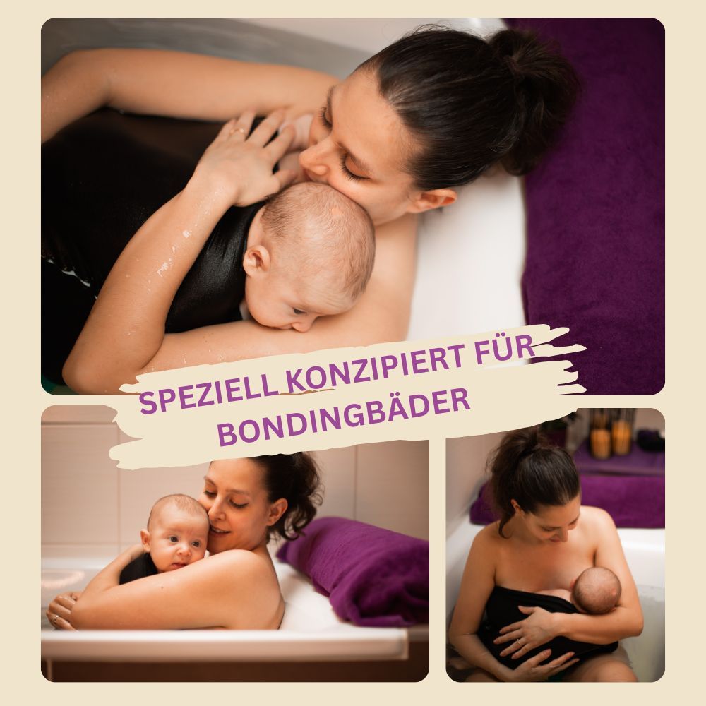 Drei Bilder: Frau mit Baby im Bondingbad. Text: speziell konzipiert für Bondingbäder. Logo: myEphelia.