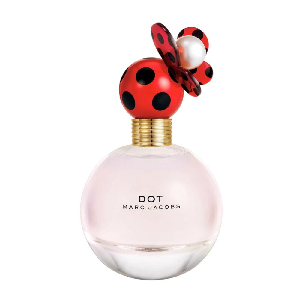 Marc Jacobs Dot Eau de Parfum Flakon mit Marienkäfer-inspiriertem Verschluss. Transparente Flüssigkeit.