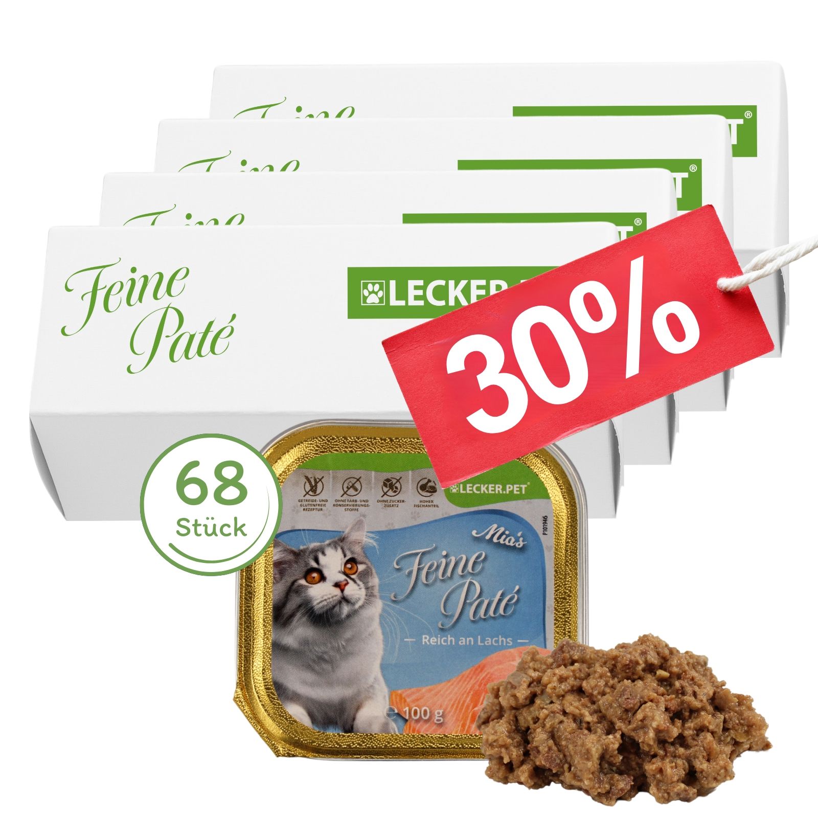 Packung mit 68 Dosen Katzenfutter 'Feine Paté' mit Lachs, 30% Rabatt-Aufkleber.