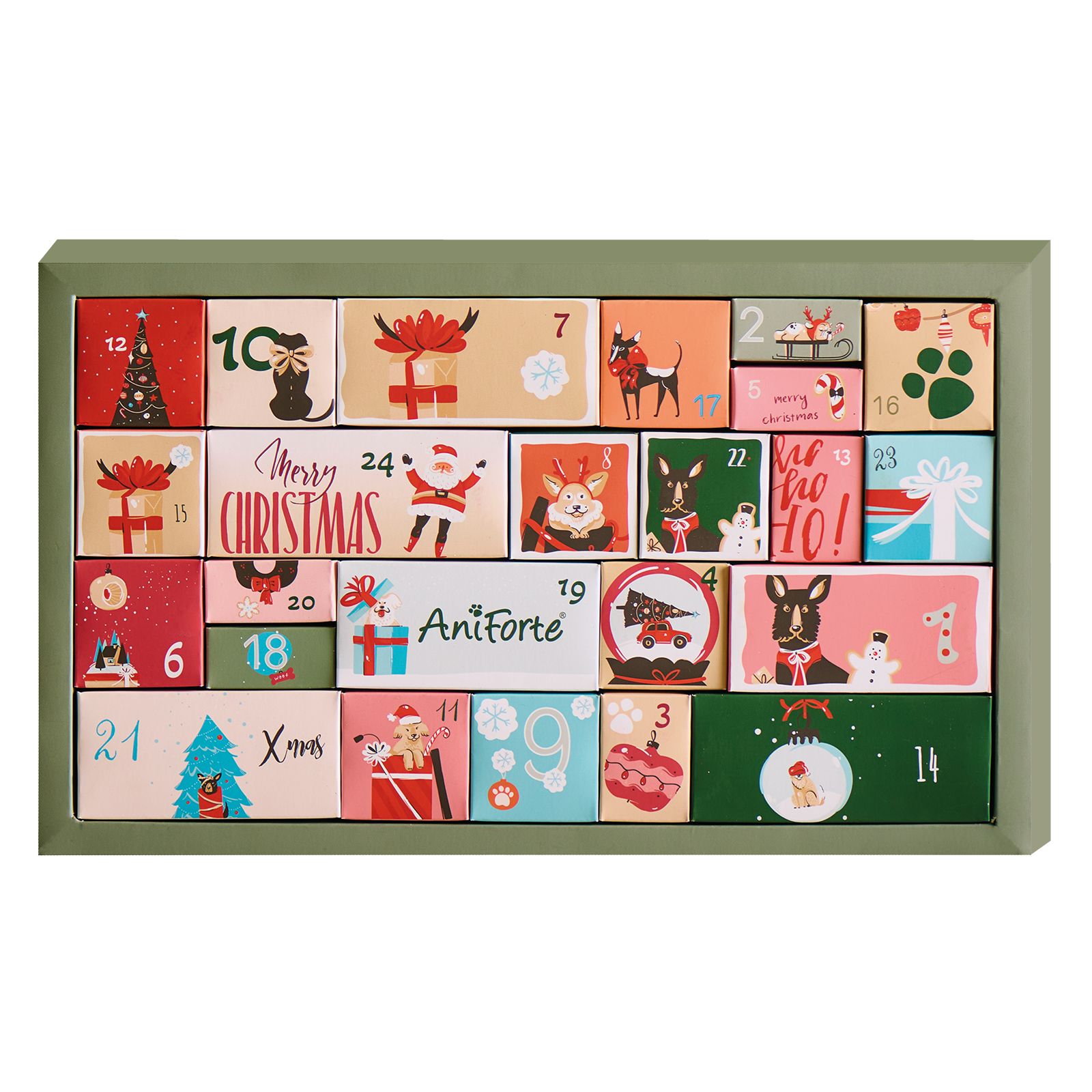 Hunde-Adventskalender mit 24 nummerierten Türchen, dekoriert mit weihnachtlichen Motiven und Hunden.