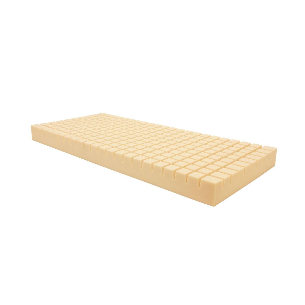 Materasso beige con superficie quadrata. Il materasso è rettangolare e presenta una struttura a nido d'ape.