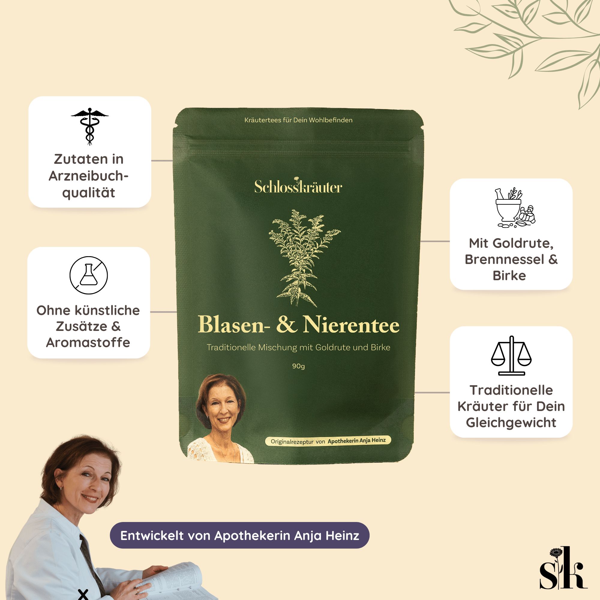 Grüner Beutel Schlosskräuter Blasen- & Nierentee. Zusätze in Arzneibuchqualität, ohne Aromastoffe. Entwickelt von Apothekerin Anja Heinz.
