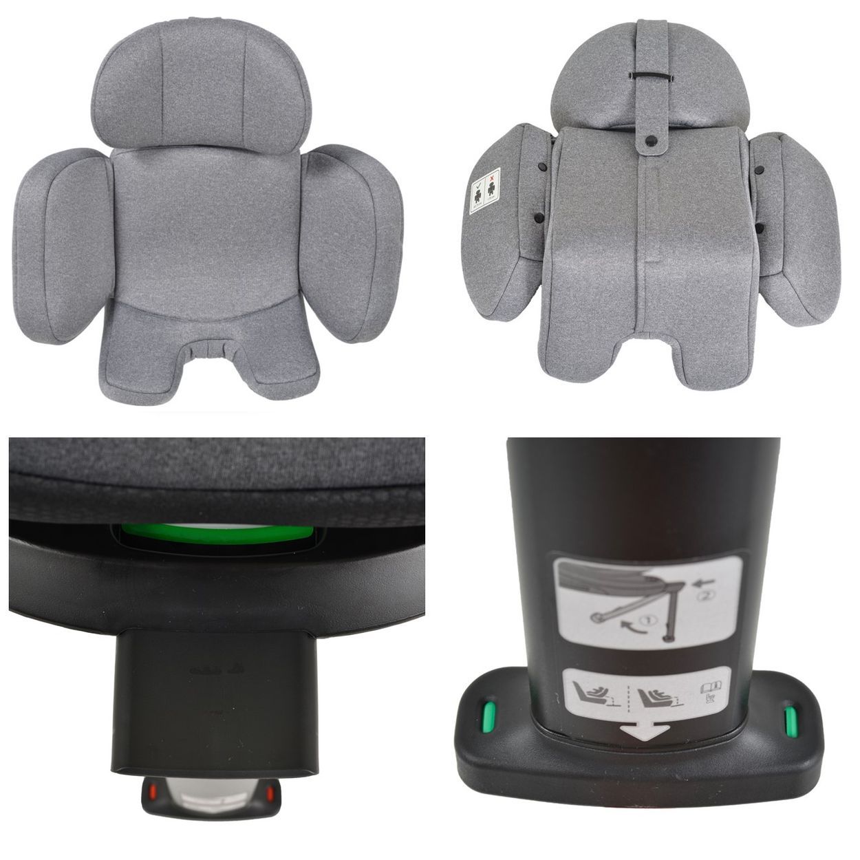 Grauer Kindersitz mit Isofix-Basis und verstellbarer Kopfstütze, drehbar.