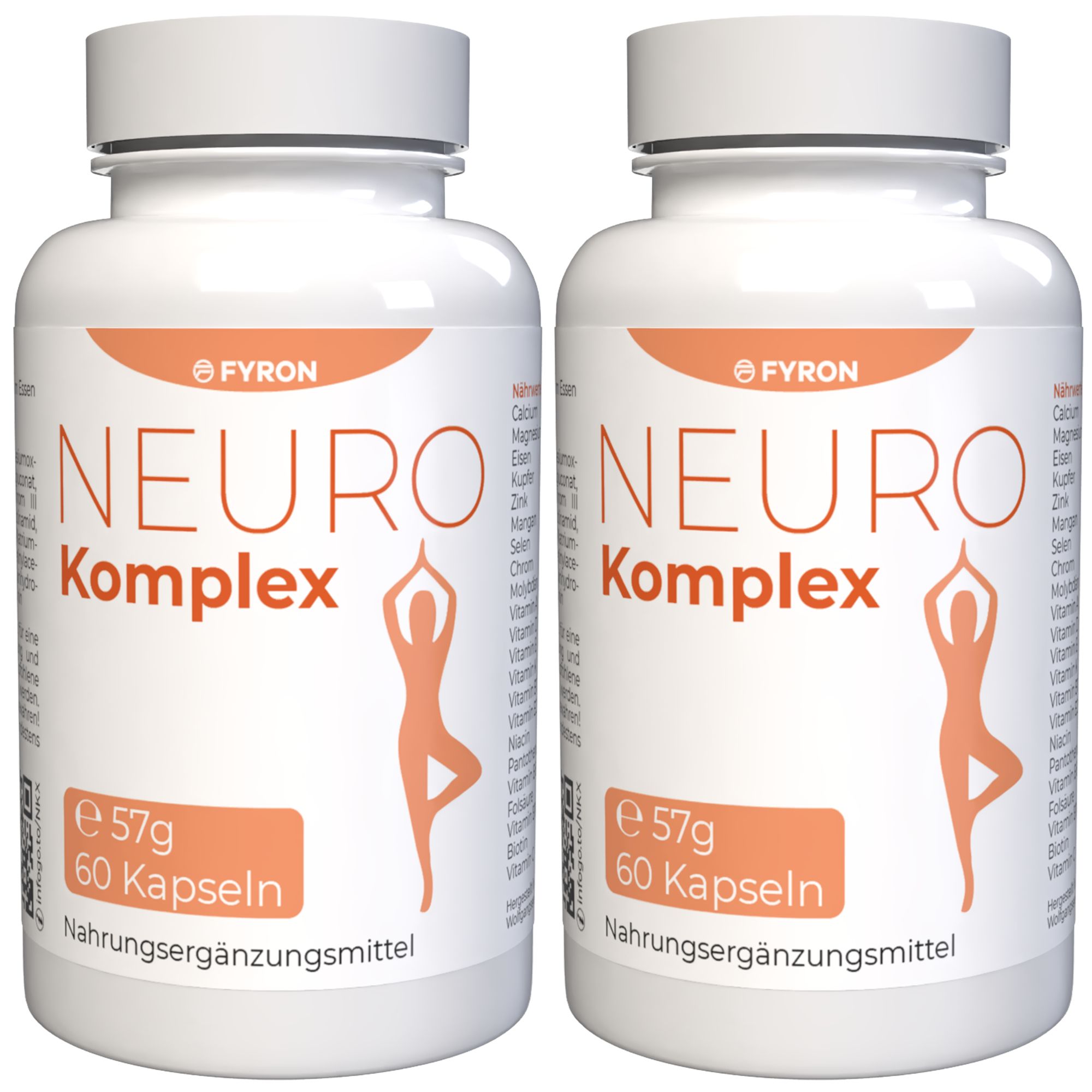 Zwei weiße Flaschen des Nahrungsergänzungsmittels 'NEURO Komplex' von FYRON. Jede Flasche enthält 60 Kapseln (57g).