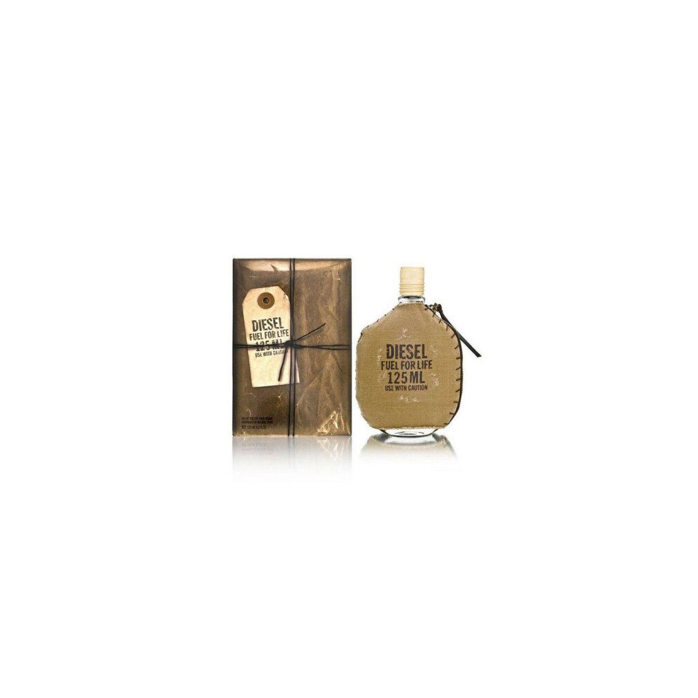 Runder Flakon mit goldfarbenem Verschluss und Verpackung. Aufschrift: DIESEL FUEL FOR LIFE 125 ML. Mit Etikett.