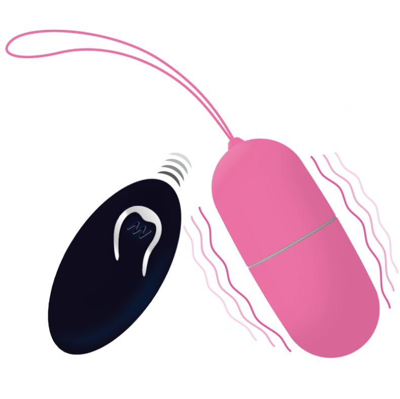Rosa Ei mit Schnur und schwarze Fernbedienung. Wellen zeigen Vibration.  