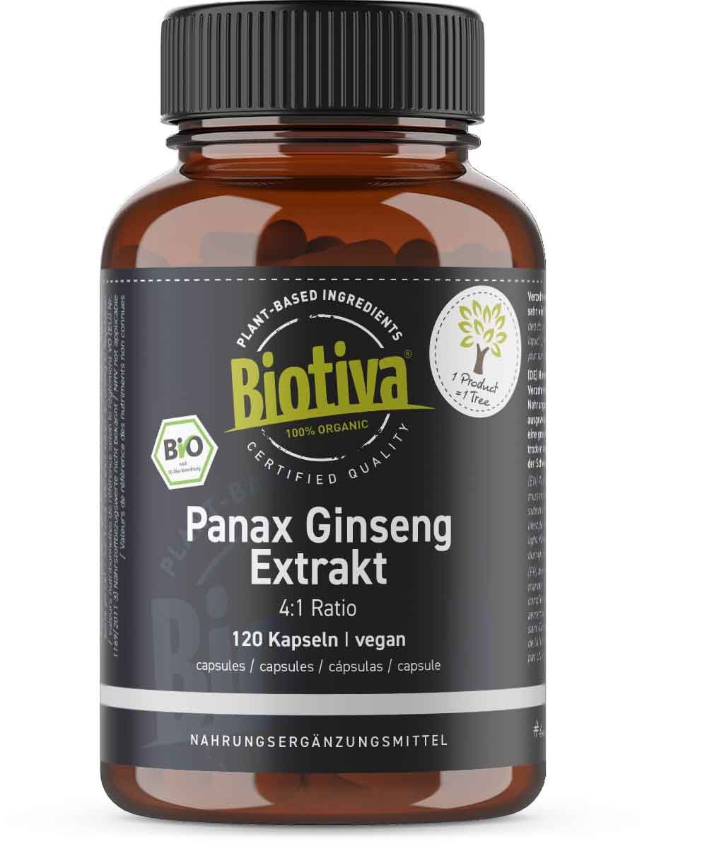 Braune Glasflasche mit schwarzem Deckel. Aufkleber mit "Biotiva" und "Panax Ginseng Extrakt". 120 Kapseln, vegan.