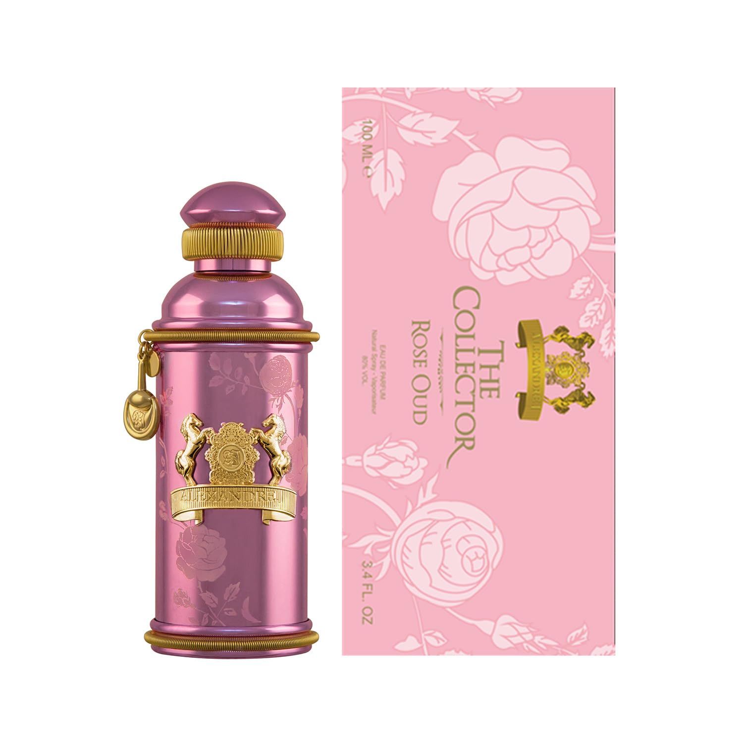 Rosa-Oud-Parfumspray-Flasche und -Verpackung. Rosa Flasche mit goldenen Verzierungen und Schriftzug. Rosa Verpackung mit Rosenmuster.