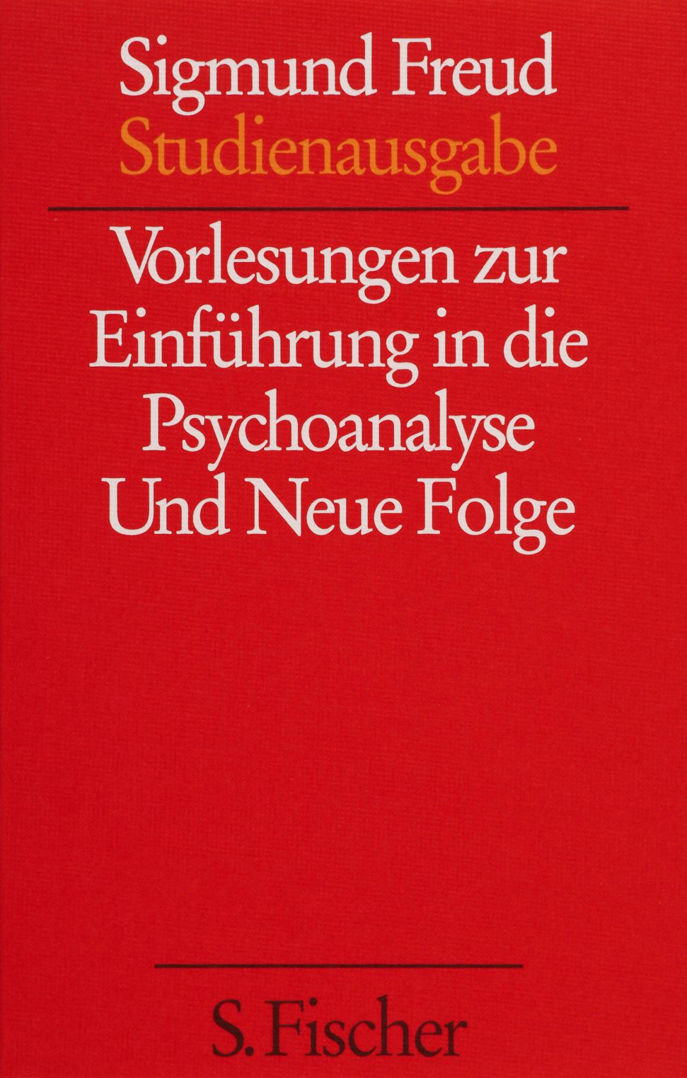 Buchcover mit rotem Hintergrund. Titel: Vorlesungen zur Einführung in die Psychoanalyse. Autor: Sigmund Freud. Verlag: S. Fischer.