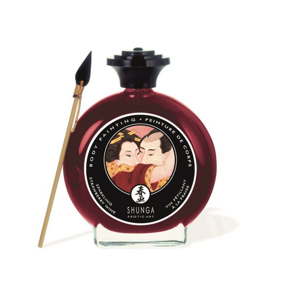 Runde Flasche mit roter Flüssigkeit, schwarzem Deckel und Etikett mit Paar-Illustration. Inklusive Pinsel.