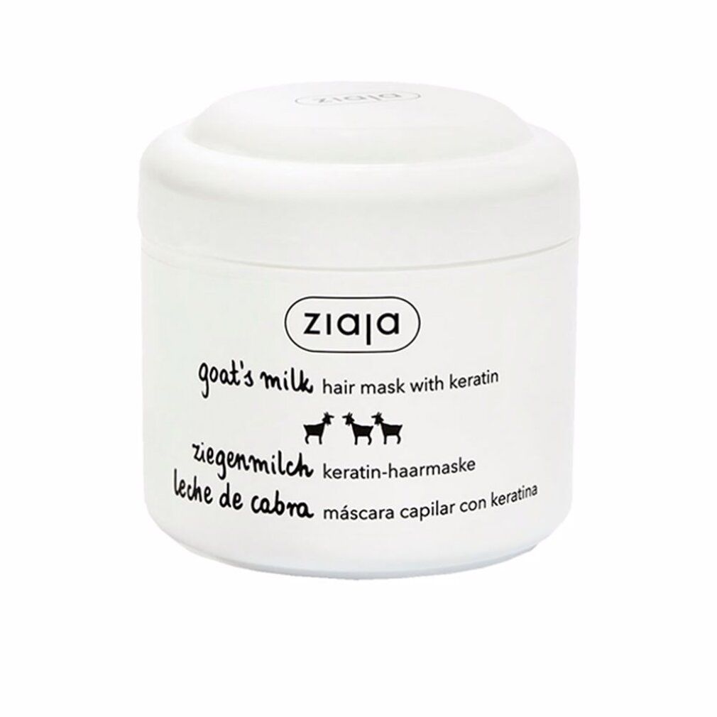 Weiße Dose mit Ziaja-Logo und Aufschrift "goat's milk hair mask with keratin". Mehrsprachige Produktbezeichnungen.