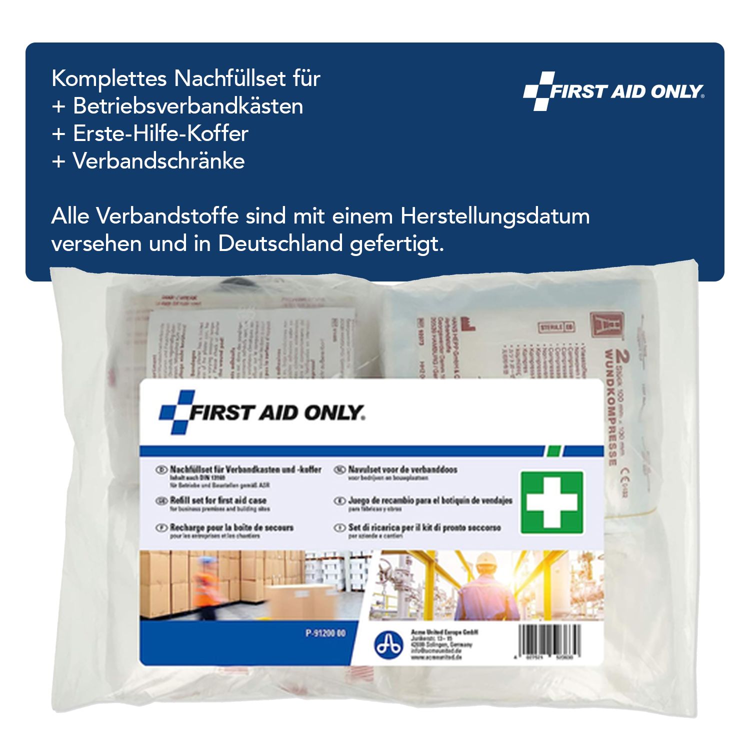 Verbandkasten-Nachfüllset in Folienverpackung. Enthält Verbandsmaterial. Logo: First Aid Only. Text: Erste Hilfe. Herstellungsdatum.