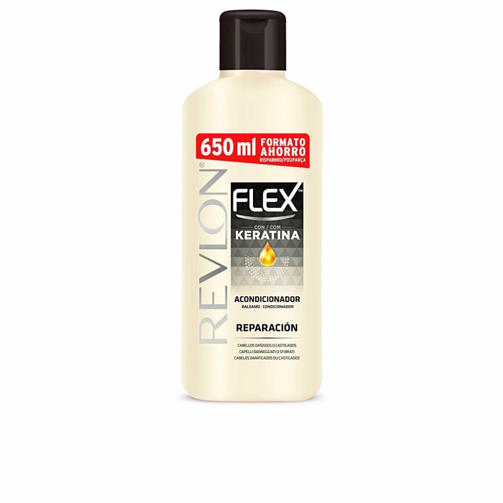 Beige Flasche mit schwarzem Deckel. Aufschrift: Revlon Flex mit Keratin, Acondicionador Reparación. 650 ml.