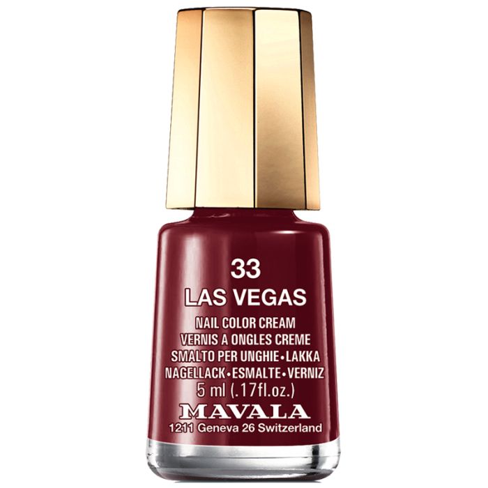 Nagellackflasche, bordeauxrot. Goldfarbener Deckel. Aufschrift: 33 LAS VEGAS, Nail Color Cream, 5 ml, MAVALA.