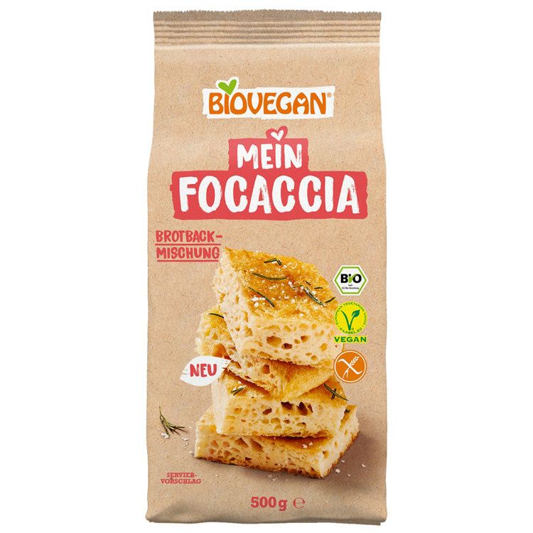 Verpackung von Biovegan Mein Focaccia Backmischung glutenfrei. Aufschrift: Mein Focaccia, Brotbackmischung, Bio, Vegan, glutenfrei. Abgebildet: Focaccia-Stücke.