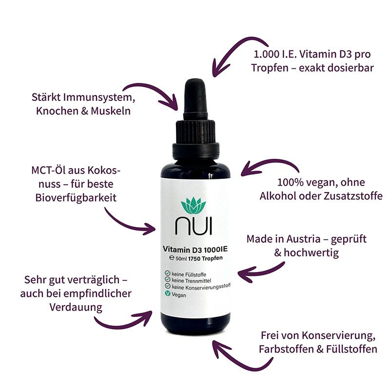 NUI Vitamin D3 1.000IE Flasche mit Pfeilen. 1000 IE pro Tropfen. Vegan, ohne Zusatzstoffe. Hergestellt in Österreich.