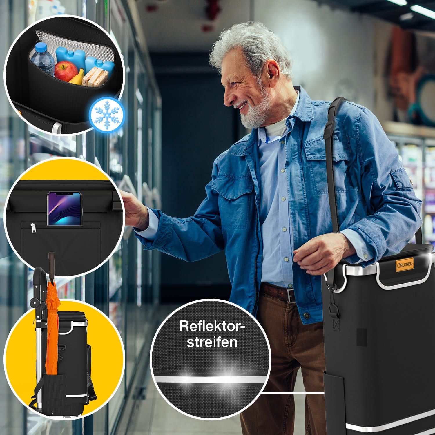 Mann im Supermarkt mit Einkaufstrolley. Kühltasche mit Lebensmitteln. Reflektorstreifen am Trolley.