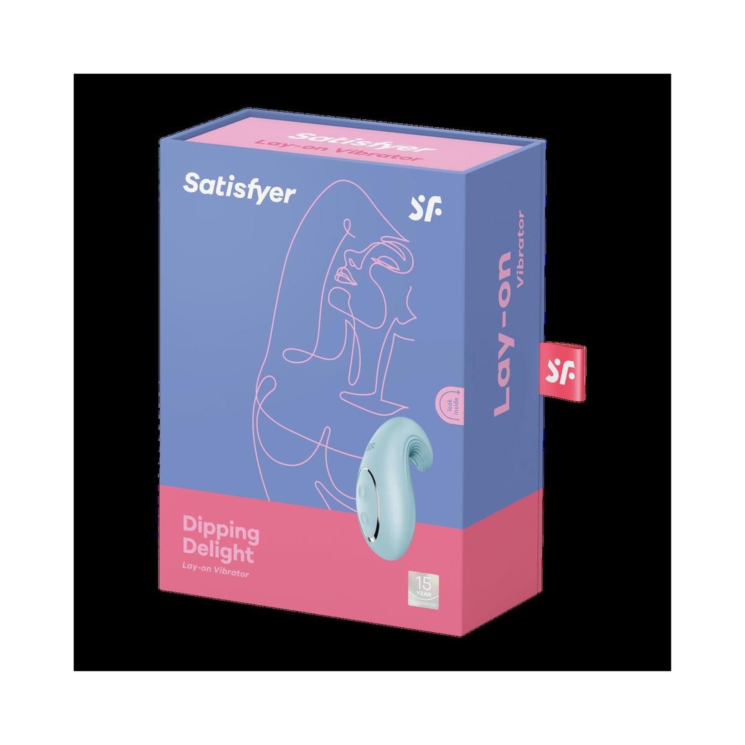 Verpackung von Satisfyer Dipping Delight. Box mit Produktabbildung und Produktnamen in Blau und Pink.