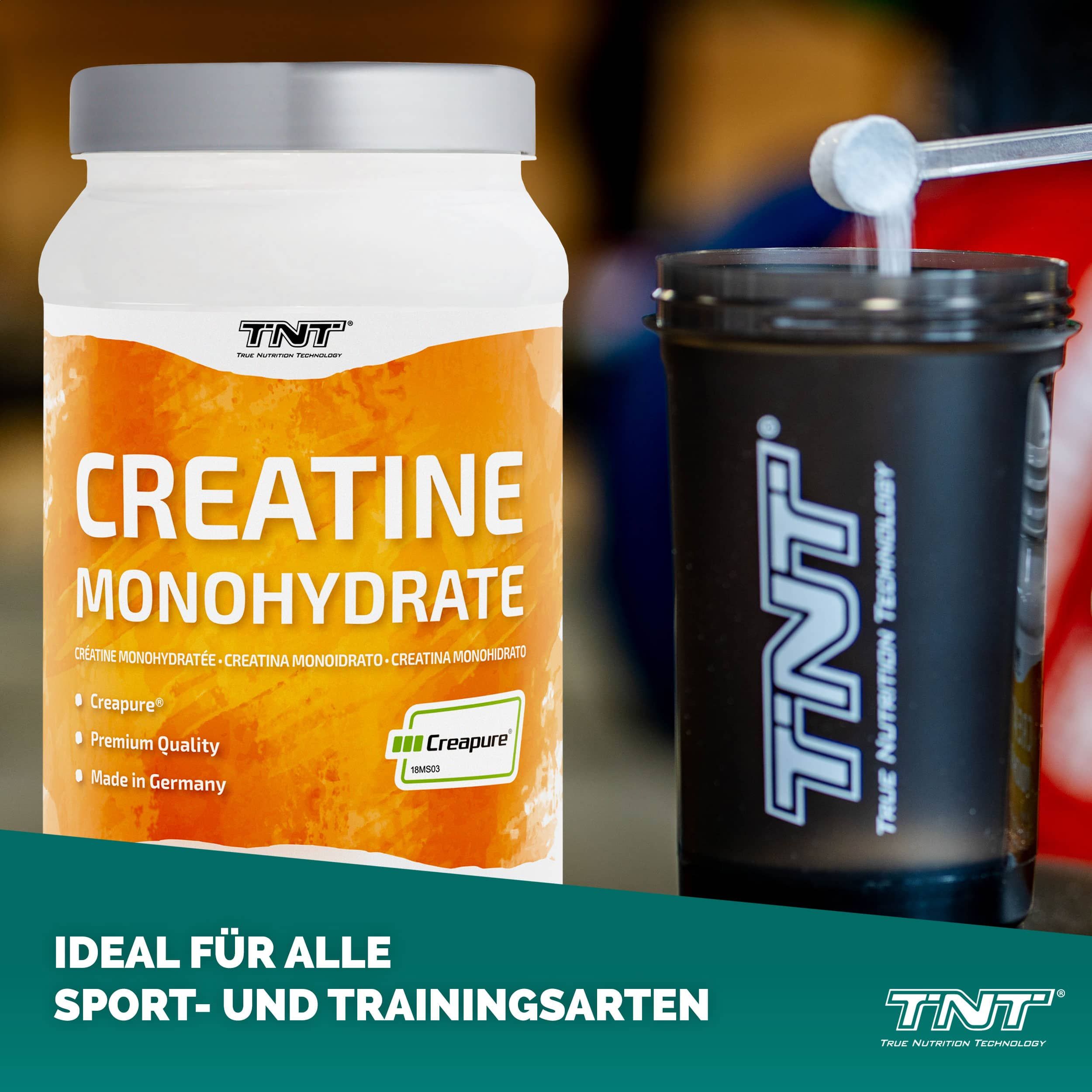 Dose TNT Creatine Monohydrate Creapure® und Shaker. Text: Ideal für alle Sport- und Trainingsarten.
