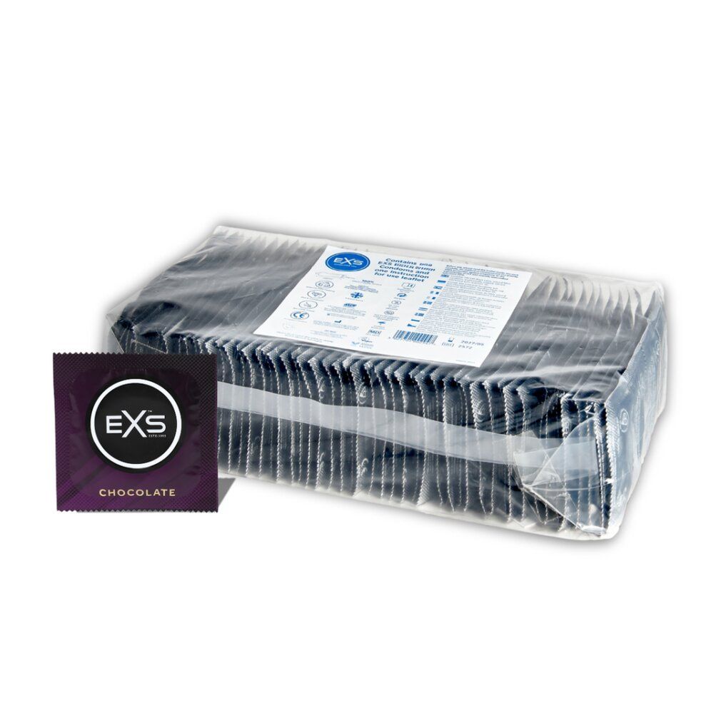 Großpackung mit vielen einzeln verpackten EXS Schokoladenkondomen.