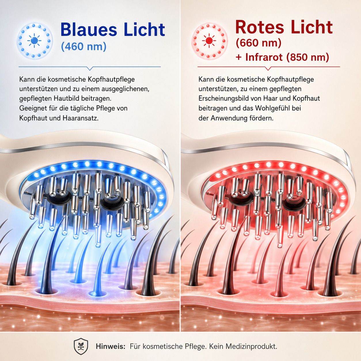 Kopfhautbürste mit blauen (460nm) und roten (660nm) LEDs für kosmetische Pflege.