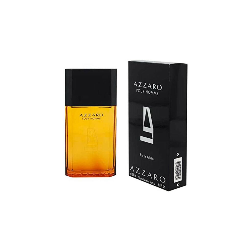 Azzaro Pour Homme Eau de Toilette Spray. Flakon und Schachtel. Flakon mit gelber Flüssigkeit. Schwarze Schachtel.