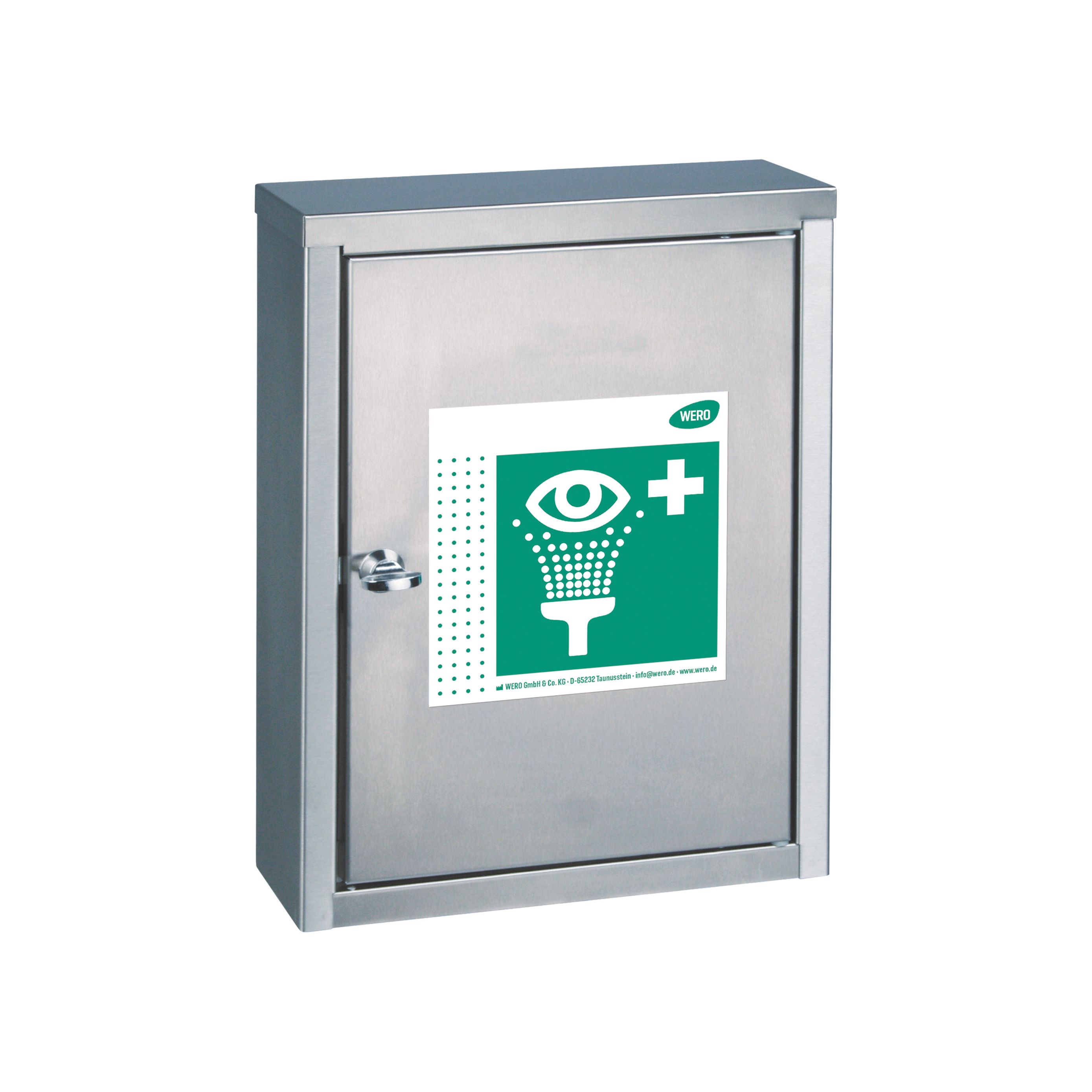 Edelstahl-Augenspülstation mit grünem Notfallsymbol. Schrank mit Tür und Griff. Aufkleber mit Symbol.