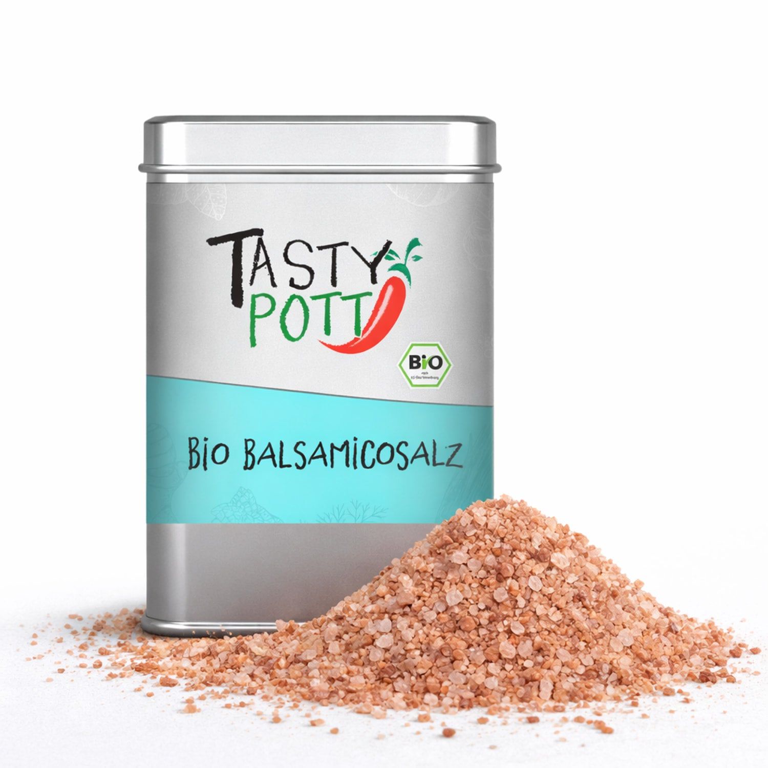 TASTY-POTT Bio Balsamicosalz in einer Dose mit einem Haufen Salz daneben.
