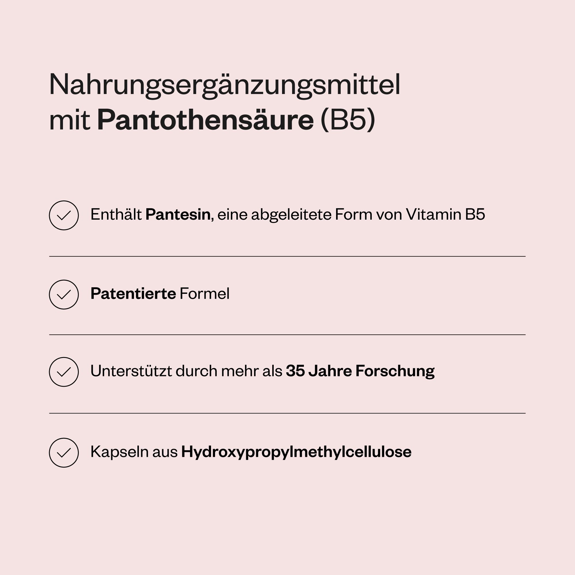 Infografik mit Informationen über Pantethin. Enthält Pantesin, eine abgeleitete Form von Vitamin B5. Patentierte Formel. 35+ Jahre Forschung.