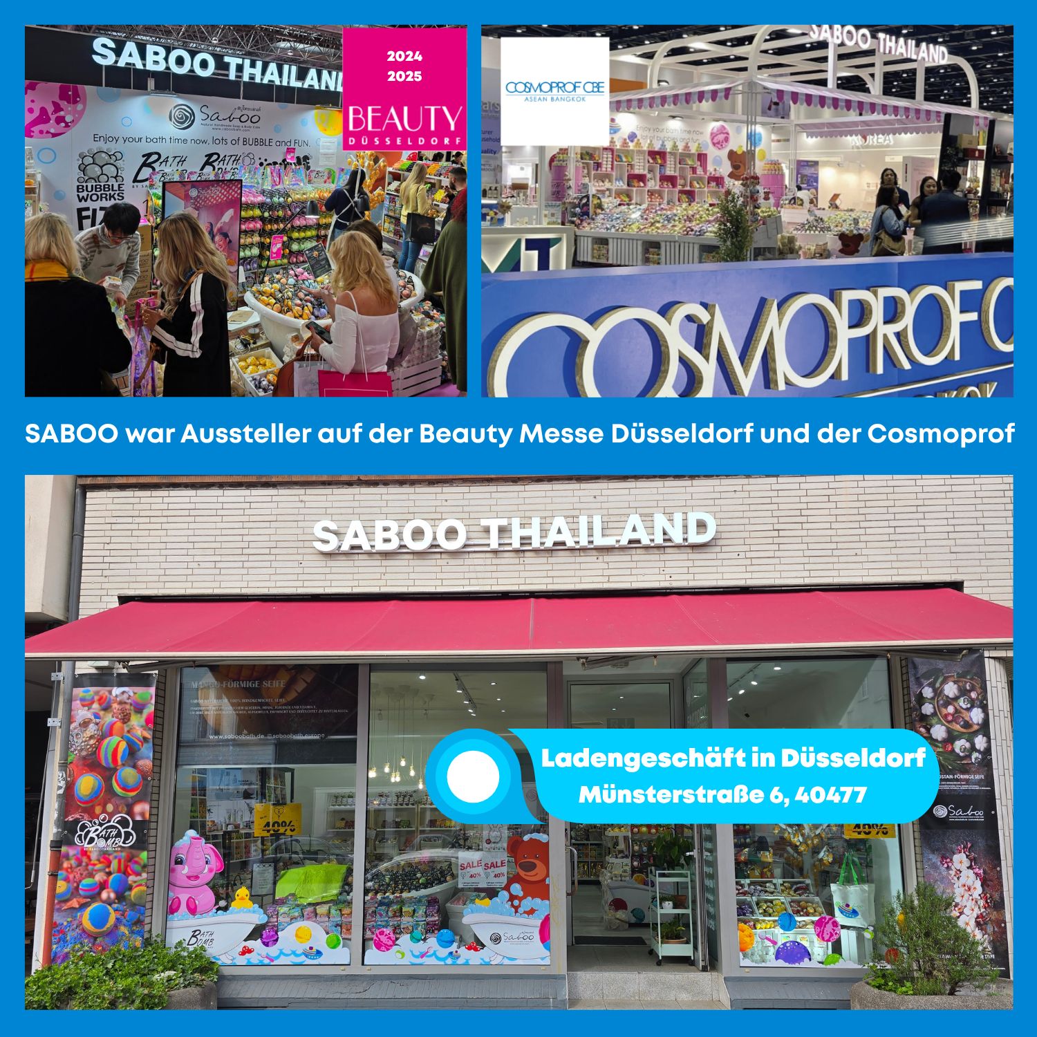 Bilder von Messen und einem Laden. Text: SABOO THAILAND. Marke: Saboo.