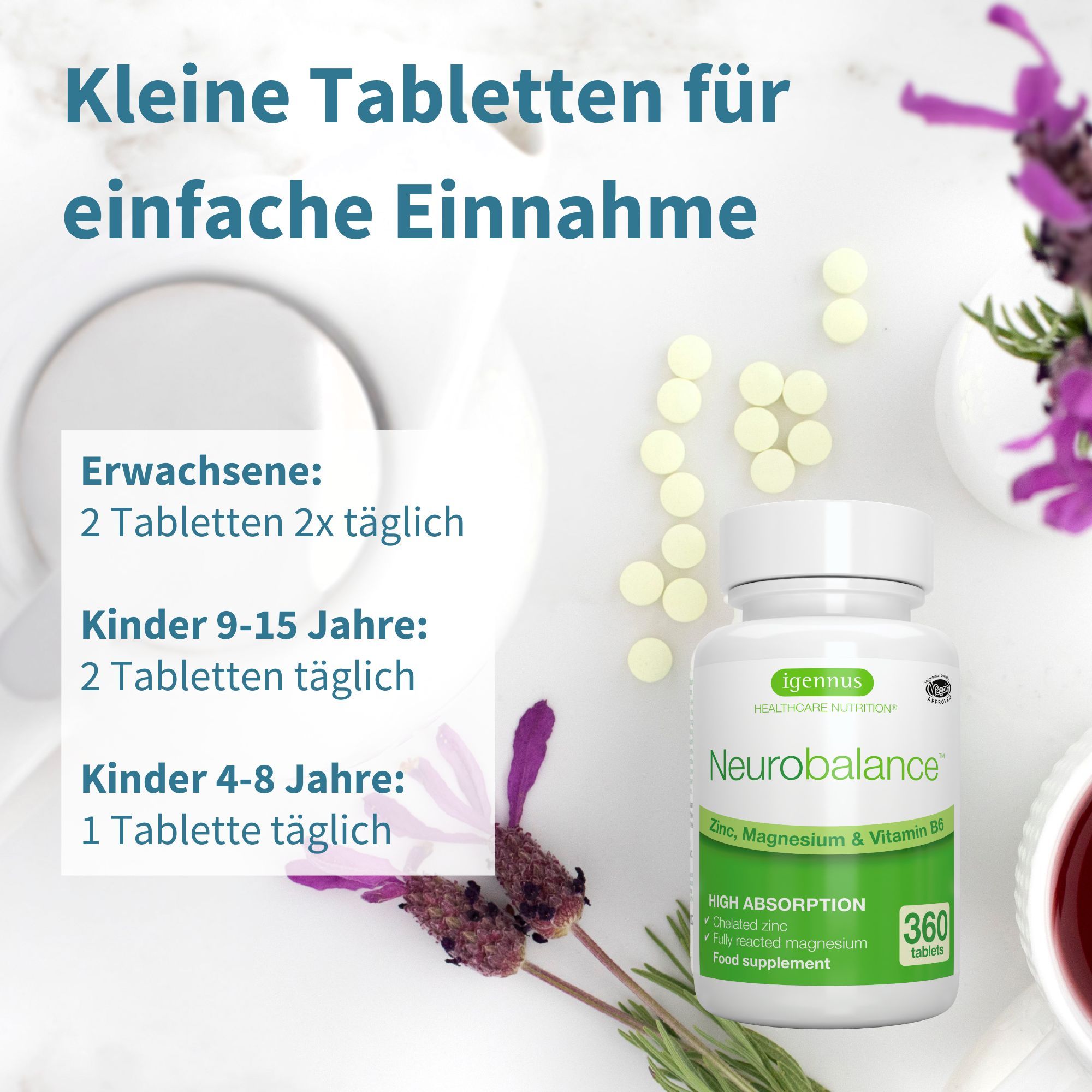 Kleine Tabletten in einer Schale neben einer Flasche Igennus Neurobalance. Text: Kleine Tabletten für einfache Einnahme.