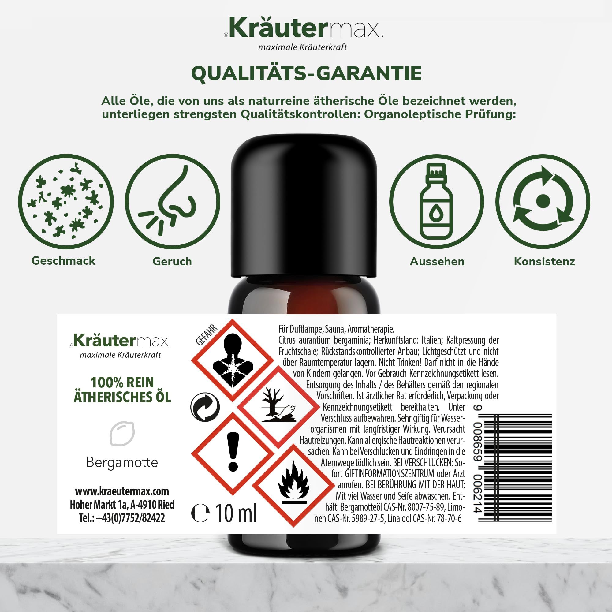 Braune Glasflasche mit schwarzem Deckel und Etikett. Warnhinweise und Text: Kräutermax, Bergamotte.