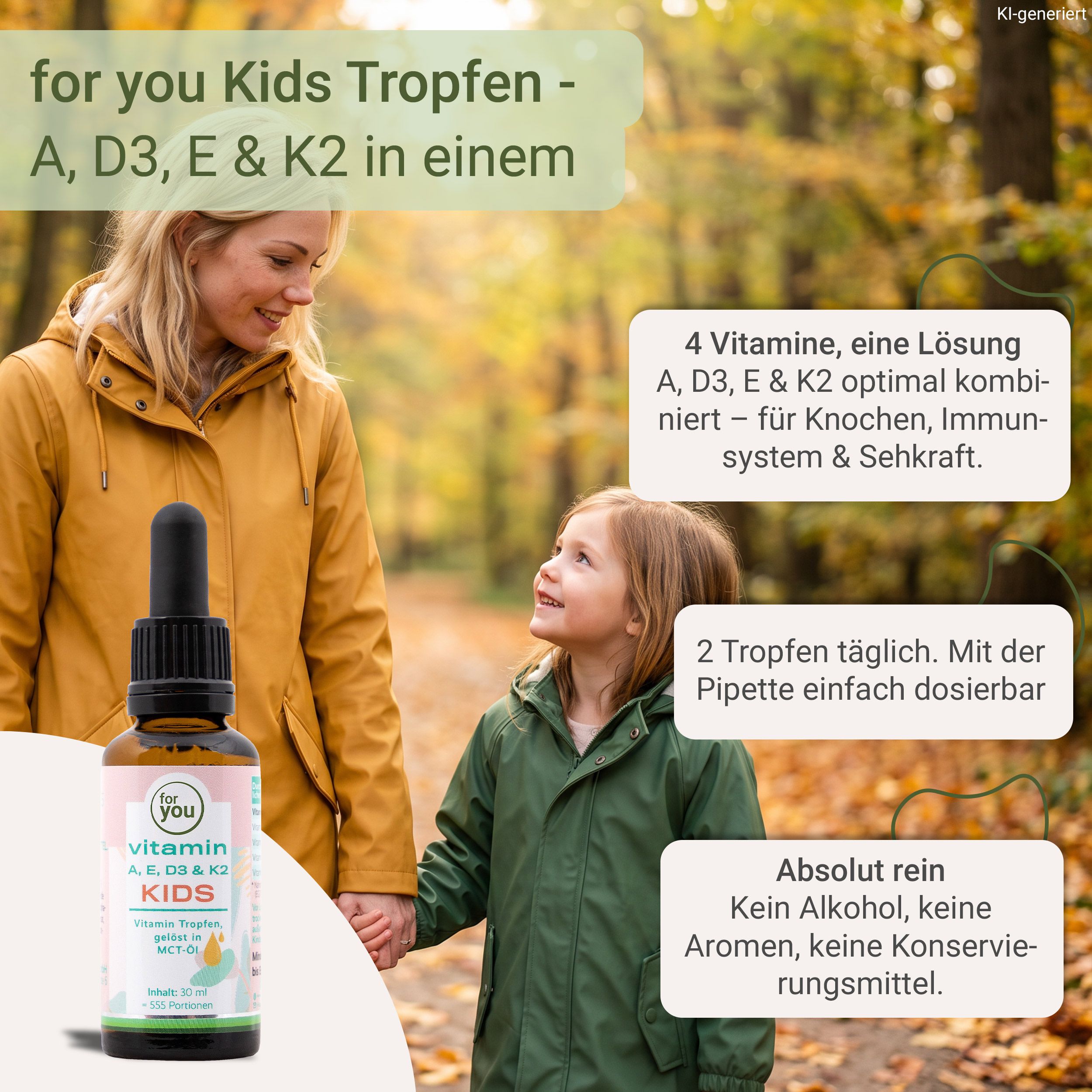 Flasche mit Pipette für Vitamin-Tropfen für Kinder, mit Mutter und Kind im Freien.