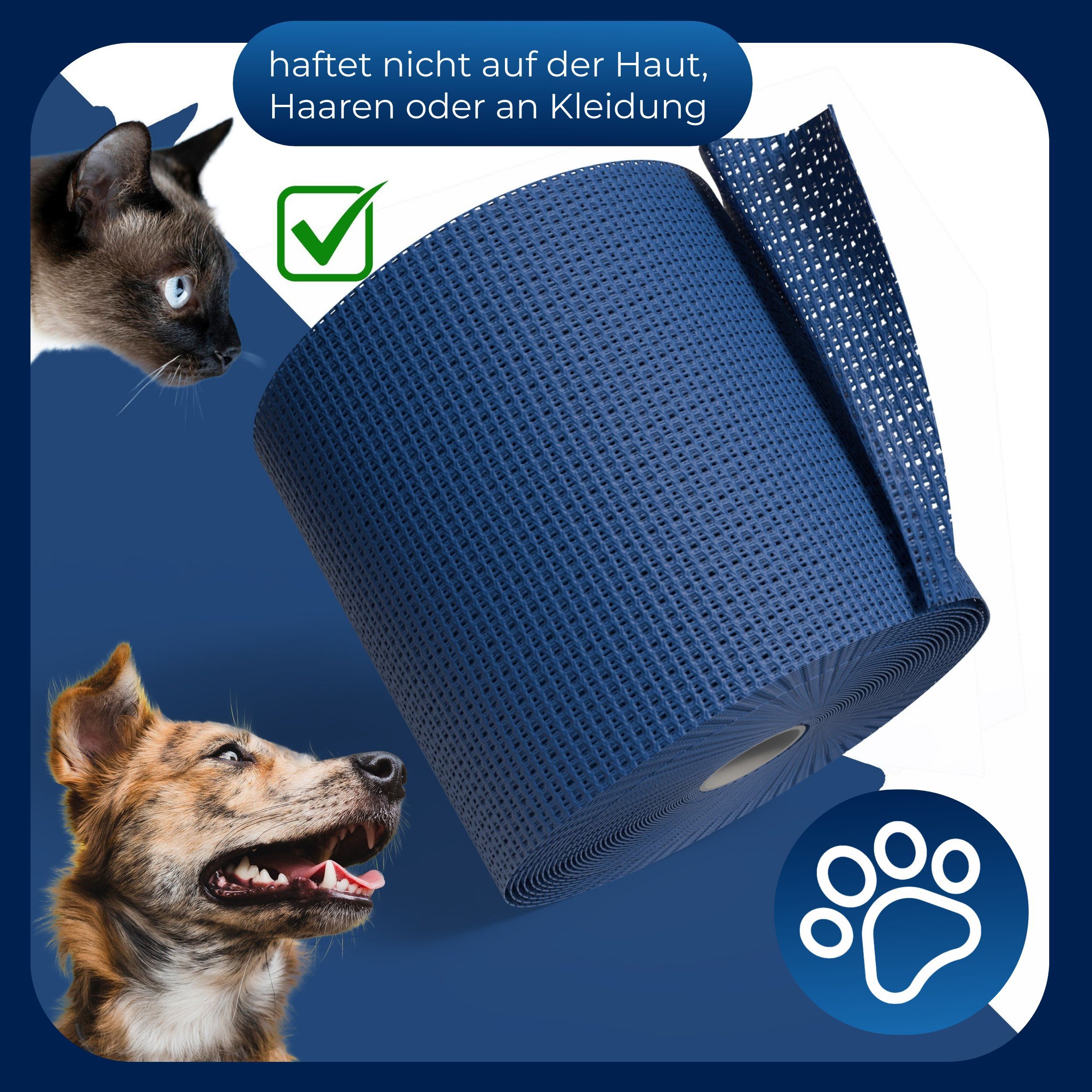 Blaues Verbandmaterial, gerollt, mit wabenförmiger Struktur. Text: haftet nicht auf Haut, Haaren oder Kleidung.