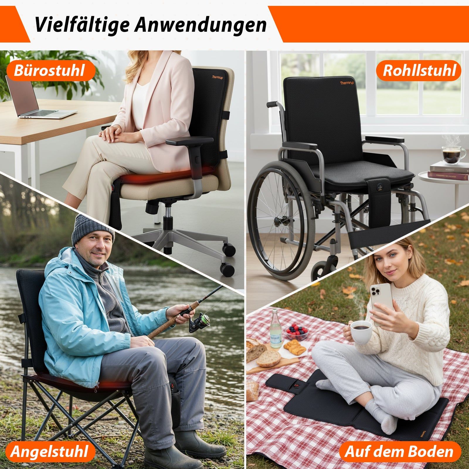 Anwendungsbeispiele: Bürostuhl, Rollstuhl, Angelstuhl, Boden. Produktname nicht sichtbar.