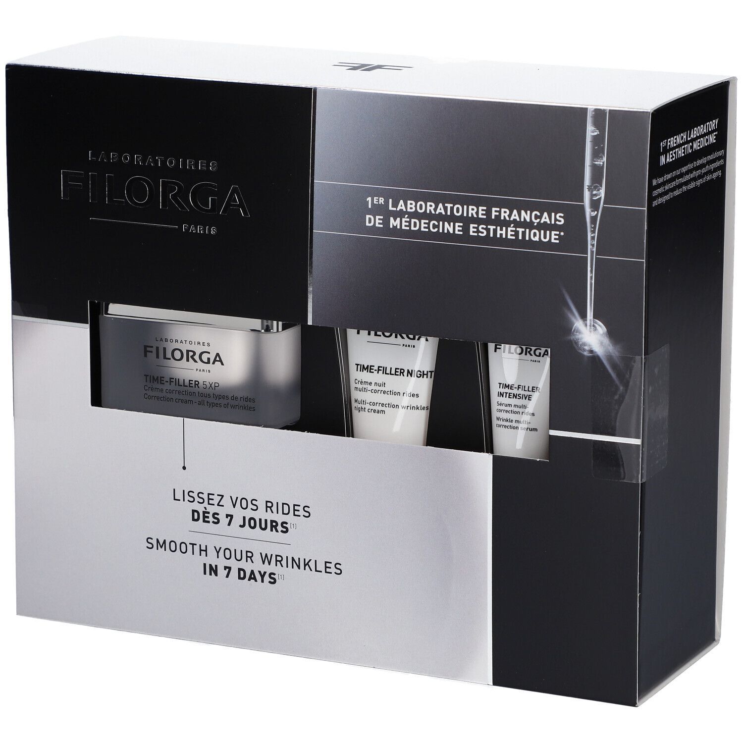 Coffret cosmétique avec pot et tubes. Design noir et blanc. Texte : "Lissez vos rides dès 7 jours" et "Smooth your wrinkles in 7 days".